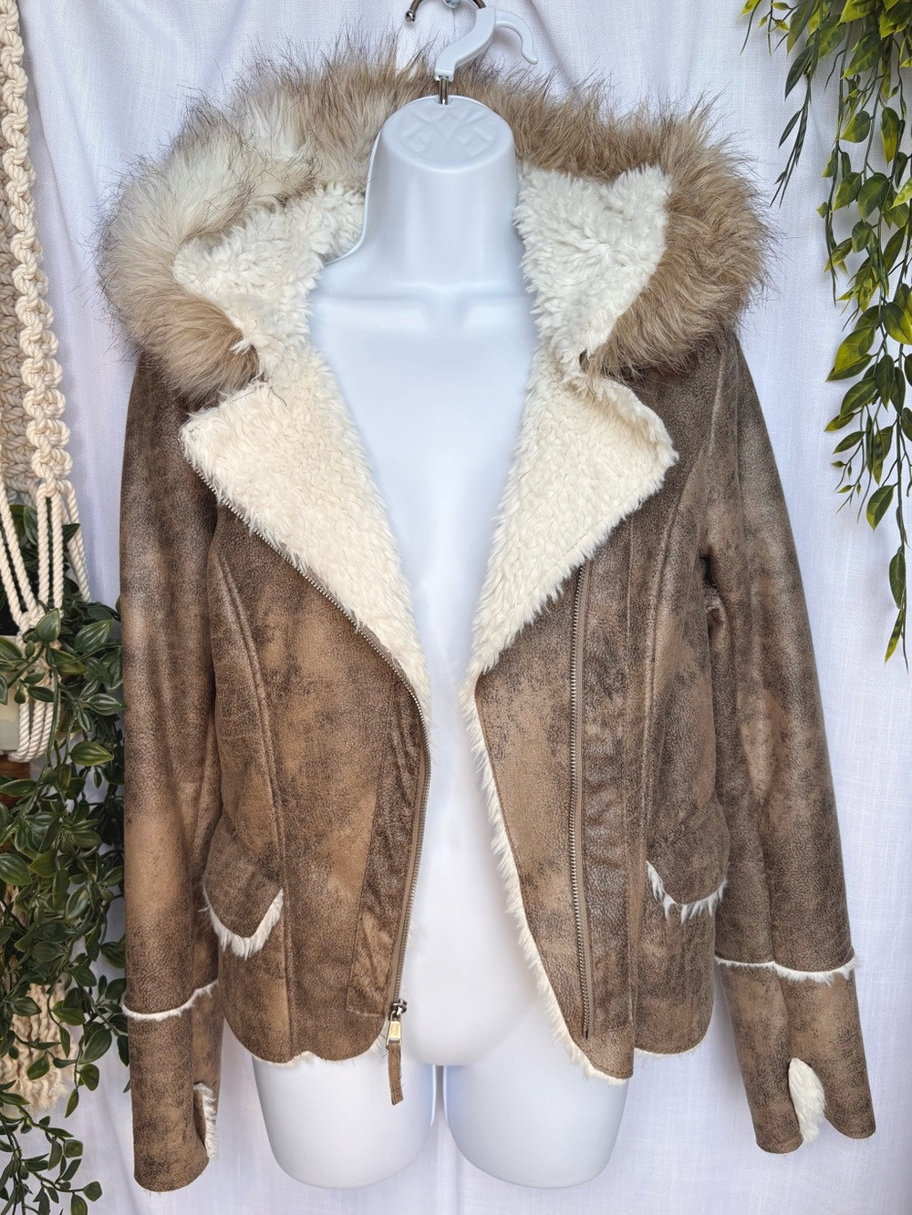 Wildflower Faux-Shearling Hooded Jacket in a distressed taupe/brown - Y2K